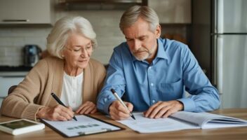 Elderly couple reviewing legal documents at a kitchen table, emphasizing financial planning for seniors