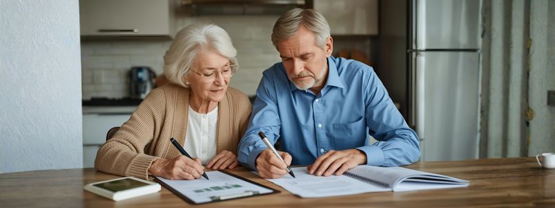 Elderly couple reviewing legal documents at a kitchen table, emphasizing financial planning for seniors