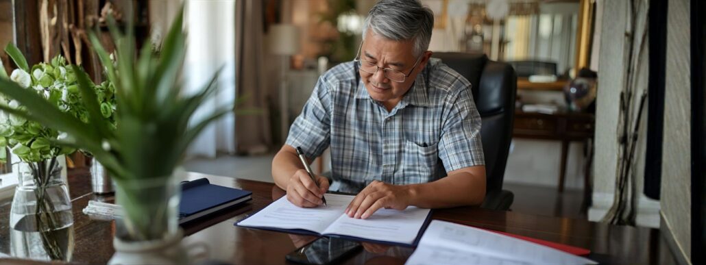 Senior person arranging legal forms in a table at home