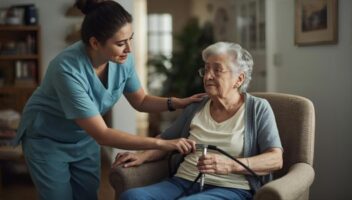 Caregiver assisting elderly person with safe lifting techniques in a cozy home environment