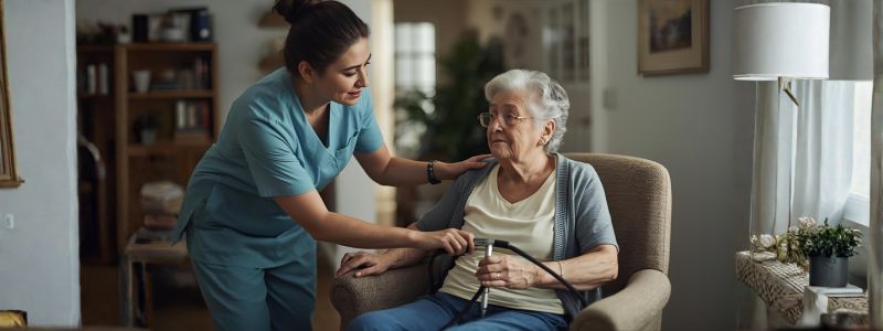 Caregiver assisting elderly person with safe lifting techniques in a cozy home environment