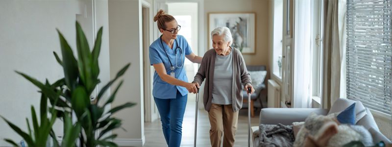 Caregiver assisting elderly person with fall prevention measures in a safe home environment