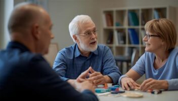 Seniors engaging in a group discussion with activities on the table, promoting social interaction and cognitive engagement in an assisted living community.