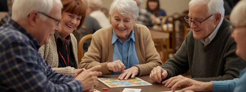 Seniors enjoying cognitive games and puzzles together, enhancing memory and social interaction