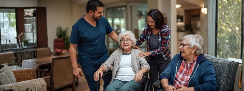Family touring an assisted living facility with staff and residents in a welcoming environment
