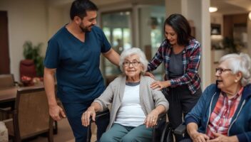 Family touring an assisted living facility with staff and residents in a welcoming environment