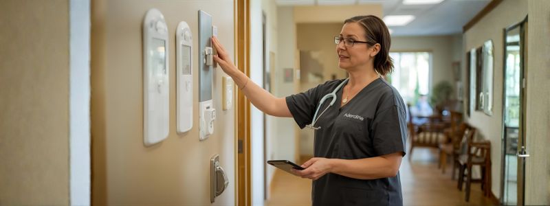 Staff member demonstrating safety features in an assisted living facility