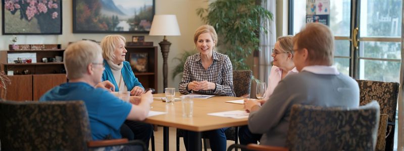 Residents engaging in a group activity in an assisted living facility
