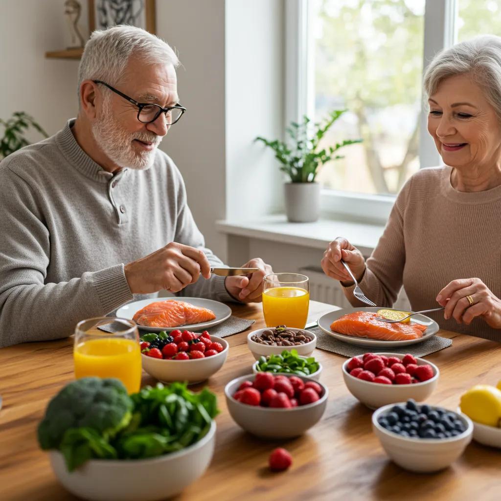 Senior couple enjoying a healthy meal featuring brain-boosting foods like salmon, berries, and greens, promoting mental health and cognitive abilities.