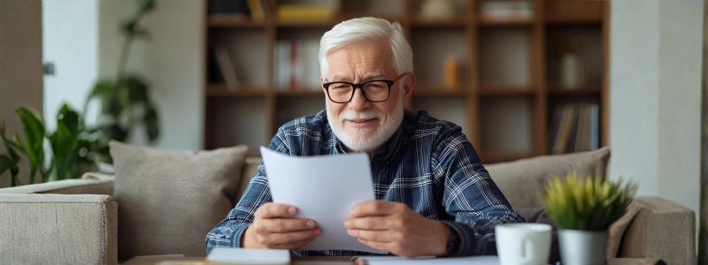 male senior holding a paper reviewing his retirement savings