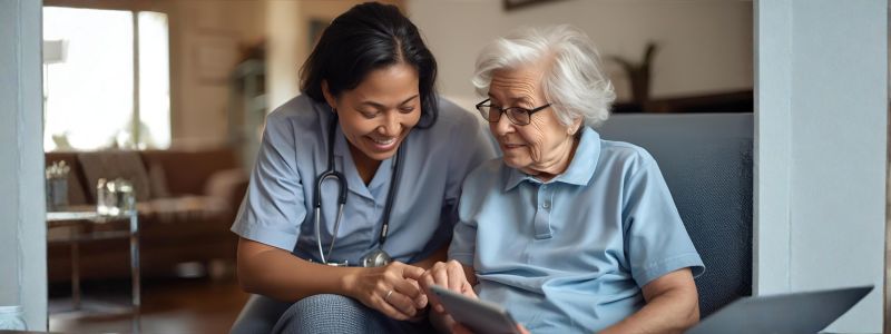 female senior and caregiver sitting in the couch